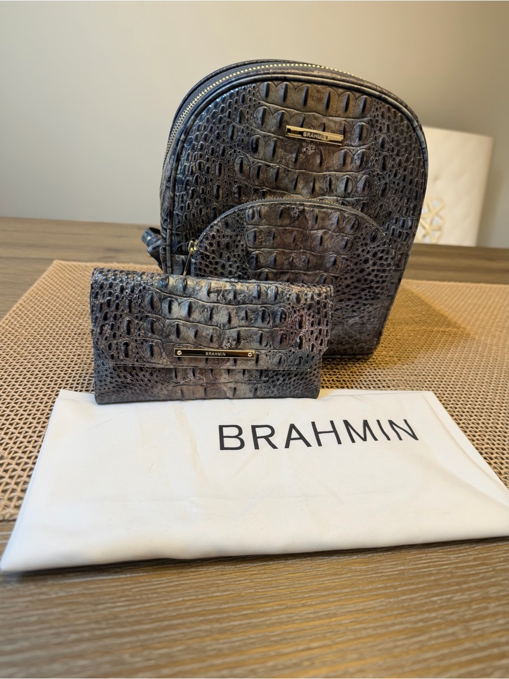 Brahmin Black Croc-Embossed Backpack with Matching Wallet Set